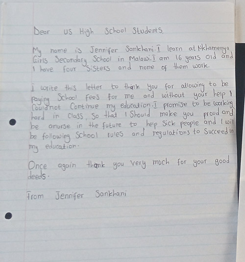 A letter from Jennifer, a student in Malawi