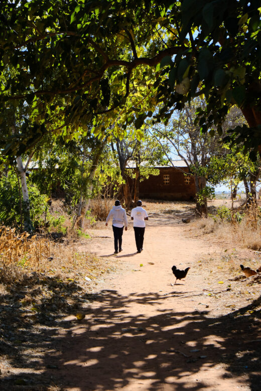 Two people walking down a dirt road under trees.